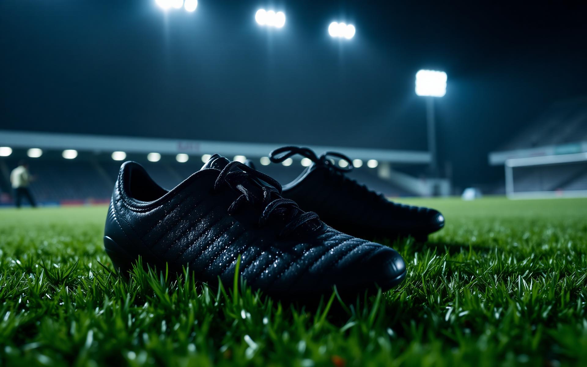 Elite football boots on floodlit pitch